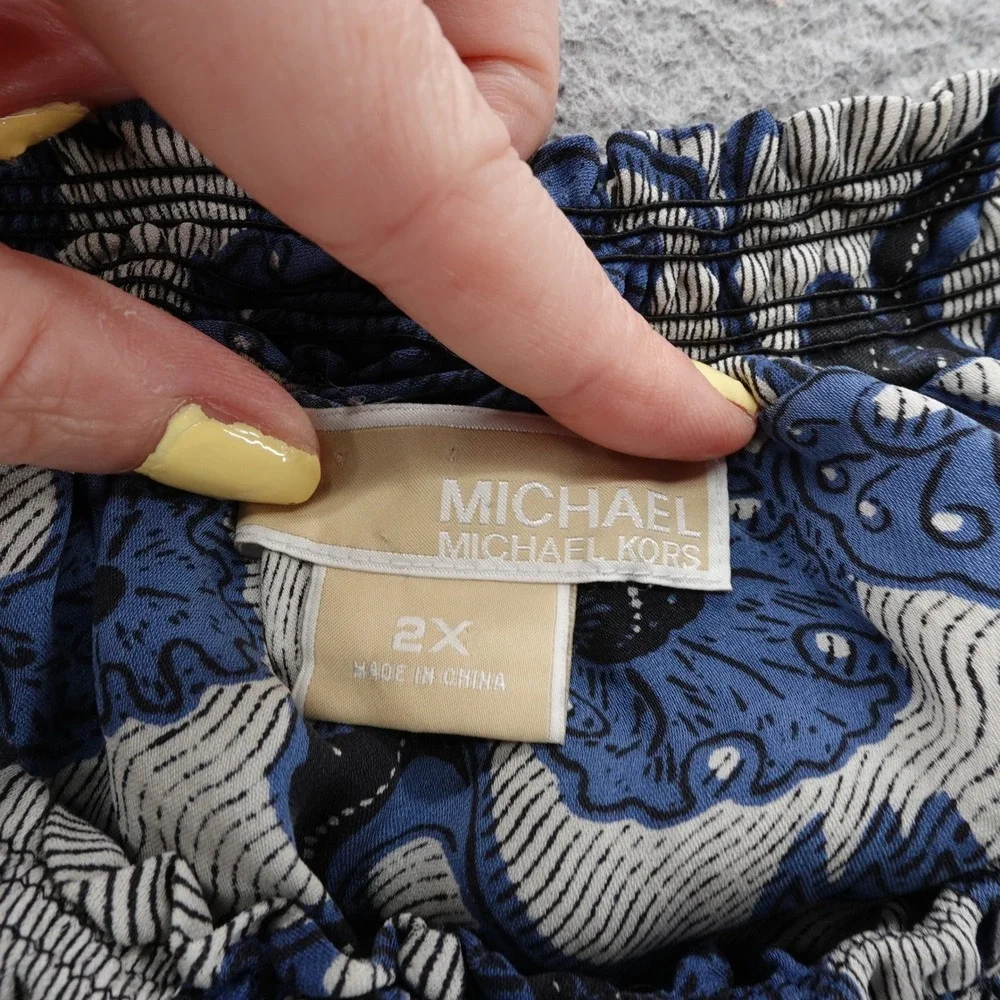 Michael Kors Blouse Size 2X Blue Floral Womens Ruffle‎ Off Shoulder Peasant Top
